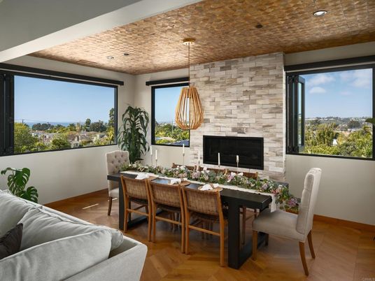 Dining room, Fireplace, Interior, Pendant Lights, Recessed Lighting, Stone Walls, Wood Texture Flooring
