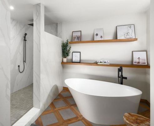 Bathroom, Free Standing Baths, Interior, Marble Walls, Recessed Lighting