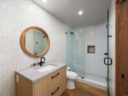 Bathroom, Glass Shower, Interior, Recessed Lighting, Wood Texture Flooring
