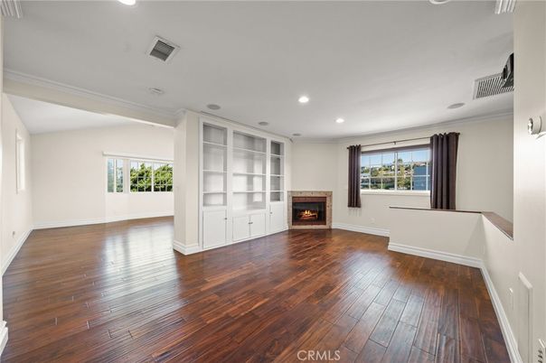 Empty room, Fireplace, Interior, Recessed Lighting, Wood Texture Flooring