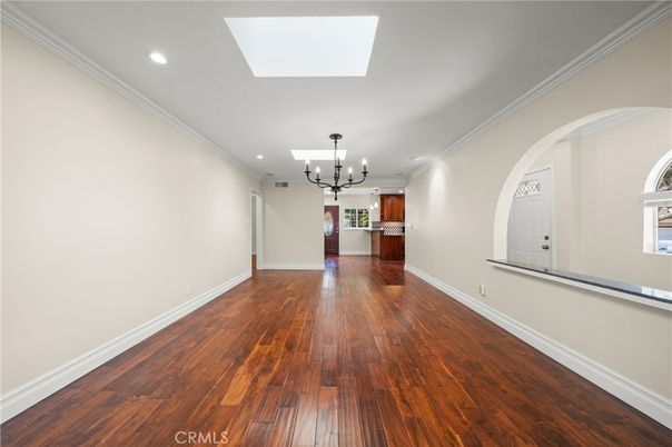 Chandelier, Empty room, Interior, Kitchen, Recessed Lighting, Wood Texture Flooring