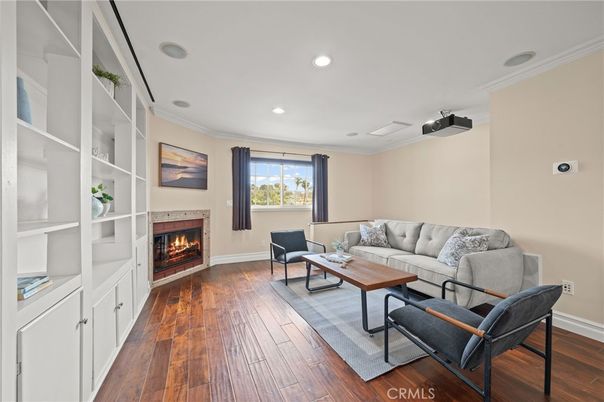 Fireplace, Interior, Living room, Recessed Lighting, Wood Texture Flooring