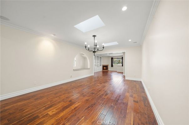 Chandelier, Empty room, Interior, Recessed Lighting, Wood Texture Flooring