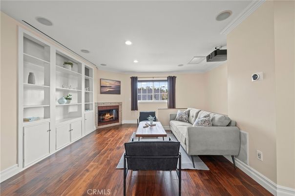 Fireplace, Interior, Living room, Recessed Lighting, Wood Texture Flooring
