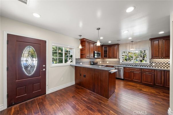 Interior, Kitchen, Pendant Lights, Recessed Lighting, Stainless Steel Appliances, Wood Texture Flooring