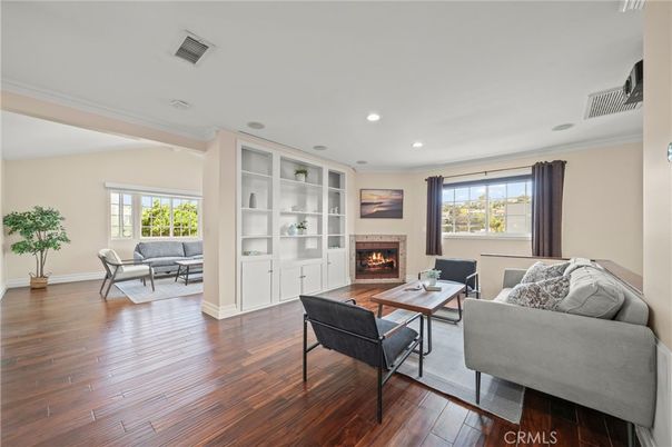 Fireplace, Interior, Living room, Recessed Lighting, Wood Texture Flooring