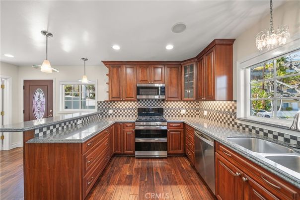 Interior, Kitchen, Pendant Lights, Recessed Lighting, Stainless Steel Appliances, Wood Texture Flooring
