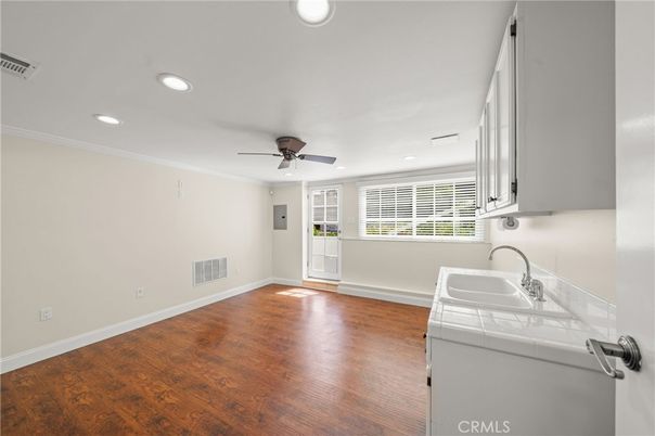 Bathroom, Empty room, Interior, Recessed Lighting, Tile Countertops, Wood Texture Flooring