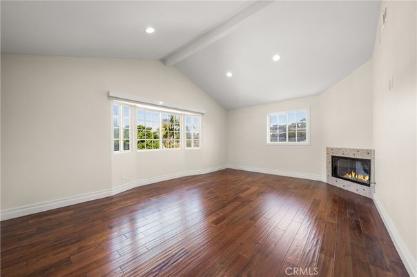 Empty room, Fireplace, Interior, Recessed Lighting, Wood Texture Flooring