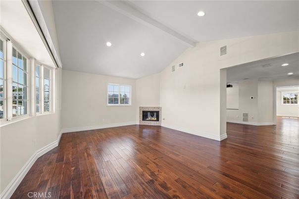 Empty room, Fireplace, Interior, Recessed Lighting, Wood Texture Flooring