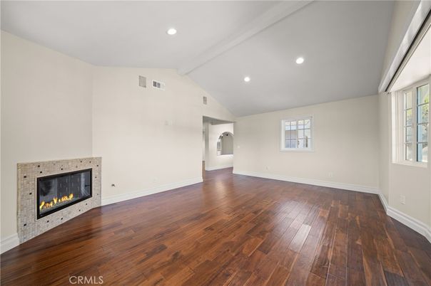 Empty room, Fireplace, Interior, Recessed Lighting, Wood Texture Flooring