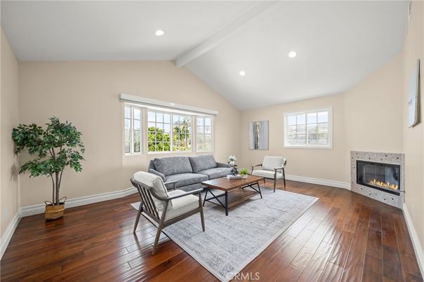 Fireplace, Interior, Living room, Recessed Lighting, Wood Texture Flooring