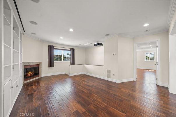 Empty room, Fireplace, Interior, Recessed Lighting, Wood Texture Flooring