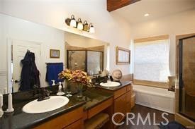 Bathroom, Dual Sink Vanities, Interior, Recessed Lighting, Wooden Beams, Wood Texture Flooring
