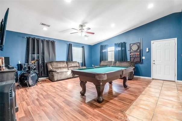 Billiard Table, Game Room, Interior, Recessed Lighting, Wood Texture Flooring