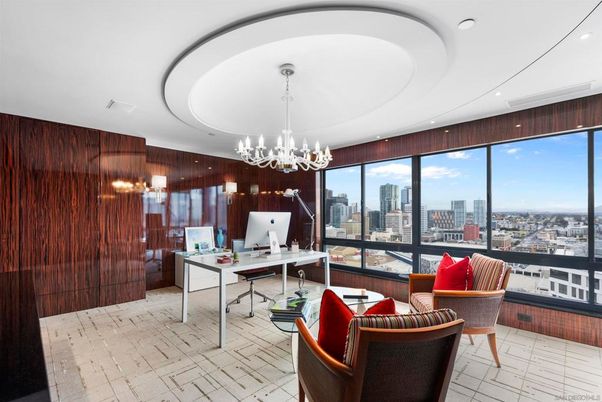 Chandelier, Home Office, Interior, Recessed Lighting, Wooden Walls