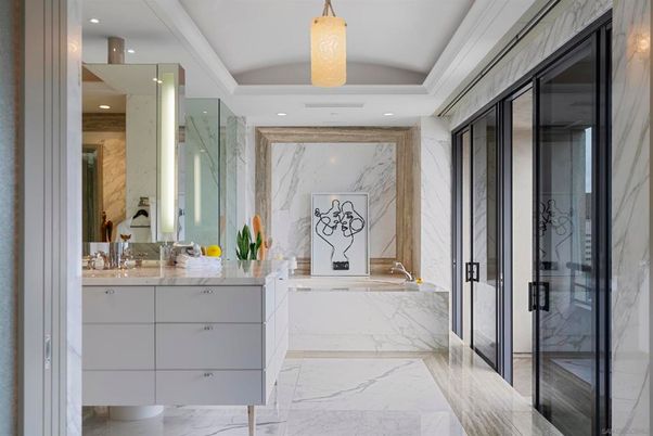 Bathroom, Interior, Marble, Marble Walls, Recessed Lighting