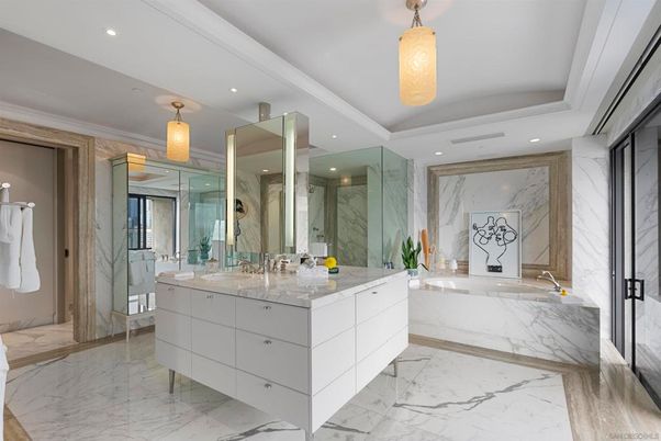 Bathroom, Dual Sink Vanities, Glass Shower, Interior, Marble, Marble Walls, Recessed Lighting