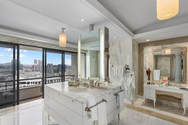 Bathroom, Dual Sink Vanities, Interior, Marble, Marble Walls, Recessed Lighting