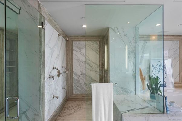 Bathroom, Glass Shower, Interior, Marble, Marble Walls, Recessed Lighting