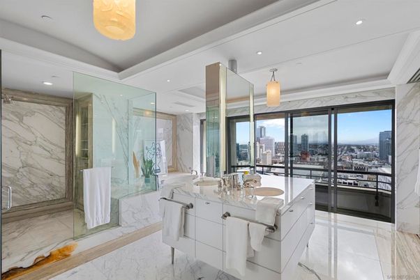 Bathroom, Glass Shower, Interior, Marble, Marble Walls, Recessed Lighting