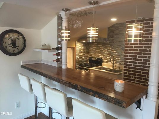 Interior, Kitchen, Pendant Lights, Recessed Lighting, Stone Walls, Wood Texture Flooring