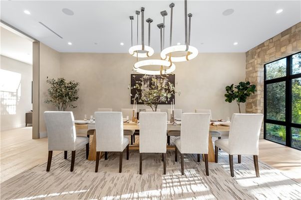 Dining room, Interior, Pendant Lights, Recessed Lighting, Wood Texture Flooring