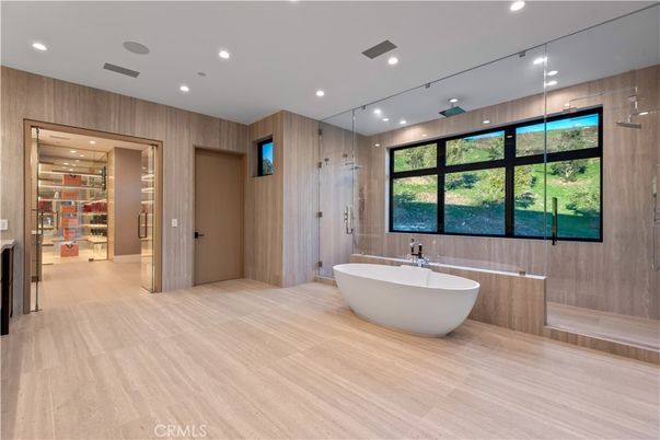 Bathroom, Free Standing Baths, Glass Shower, Interior, Recessed Lighting, Walk-in Closets, Wood Texture Flooring, Wooden Walls