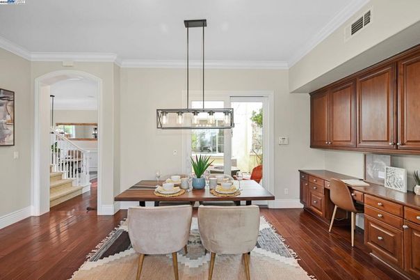 Dining room, Interior, Pendant Lights, Wood Texture Flooring