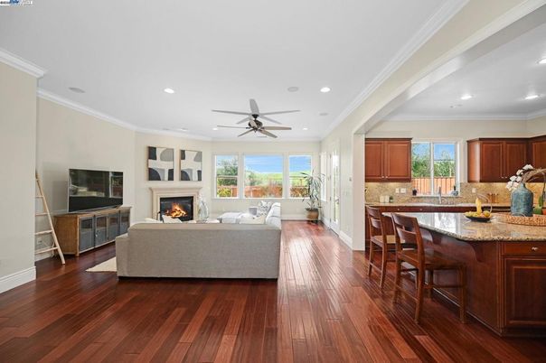 Fireplace, Interior, Kitchen, Living room, Recessed Lighting, Wood Texture Flooring
