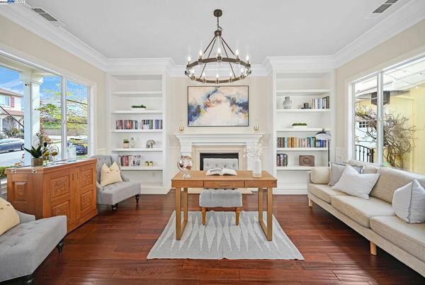 Chandelier, Fireplace, Home Office, Interior, Pendant Lights, Wood Texture Flooring
