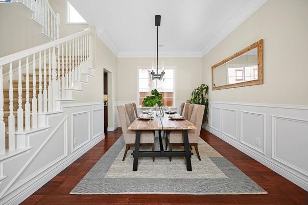 Dining room, Interior, Pendant Lights, Wood Texture Flooring