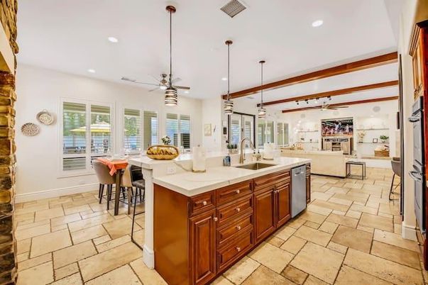 Dining room, Fireplace, Interior, Kitchen, Pendant Lights, Recessed Lighting, Stainless Steel Appliances