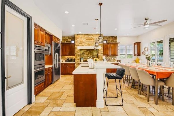 Interior, Kitchen, Pendant Lights, Recessed Lighting, Stainless Steel Appliances, Stone Walls
