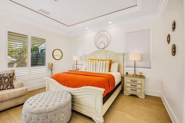 Bedroom, Interior, Recessed Lighting, Wood Texture Flooring