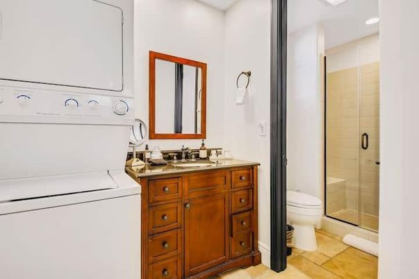 Bathroom, Glass Shower, Interior, Recessed Lighting, Washer