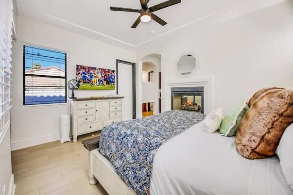 Bedroom, Fireplace, Interior, Wood Texture Flooring