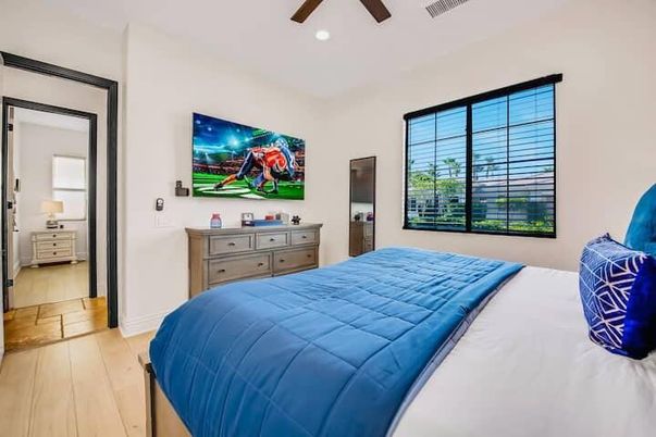 Bedroom, Interior, Recessed Lighting, Wood Texture Flooring
