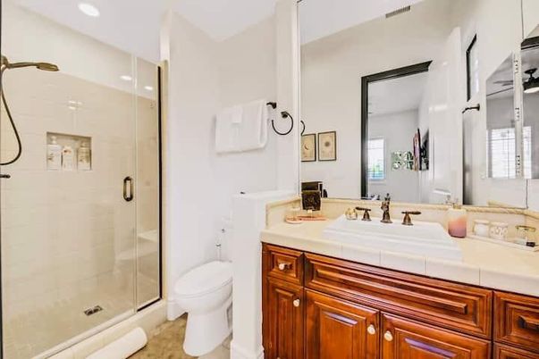 Bathroom, Glass Shower, Interior, Recessed Lighting, Tile Countertops