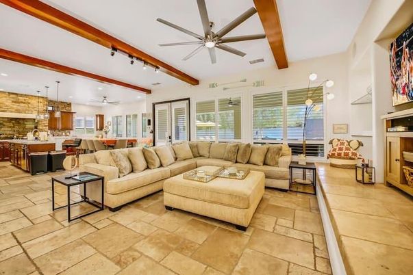 Dining room, Fireplace, Interior, Kitchen, Living room, Pendant Lights, Recessed Lighting, Stone Walls, Wooden Beams