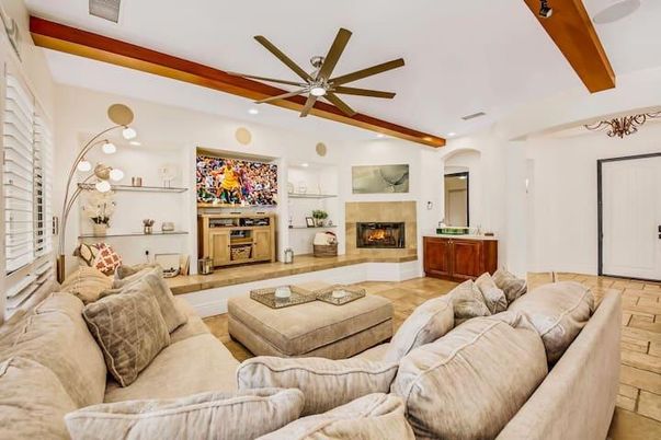 Fireplace, Interior, Living room, Recessed Lighting, Wooden Beams