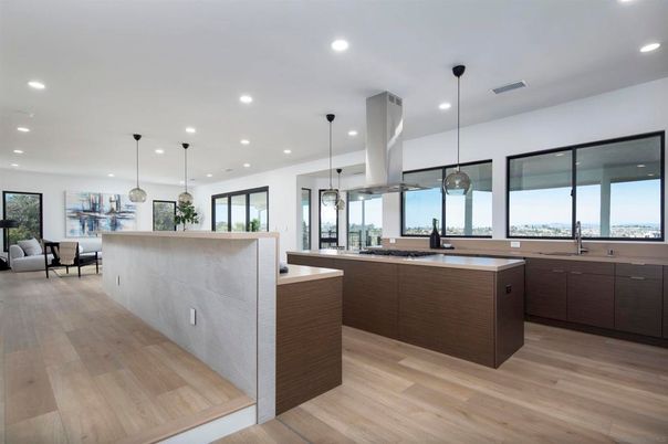 Dining room, Interior, Kitchen, Pendant Lights, Recessed Lighting, Wood Texture Flooring