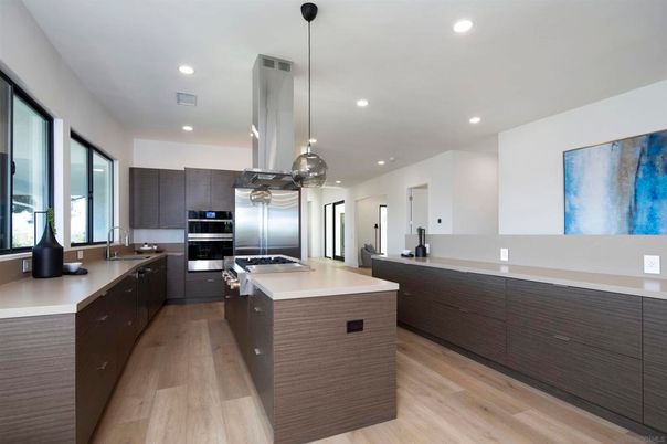 Interior, Kitchen, Pendant Lights, Recessed Lighting, Stainless Steel Appliances, Wood Texture Flooring