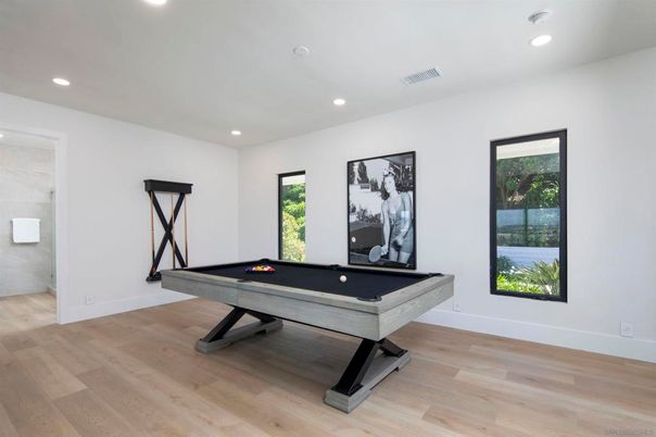 Billiard Table, Game Room, Interior, Recessed Lighting, Wood Texture Flooring