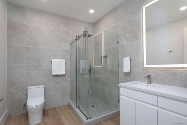 Bathroom, Glass Shower, Interior, Recessed Lighting, Wood Texture Flooring