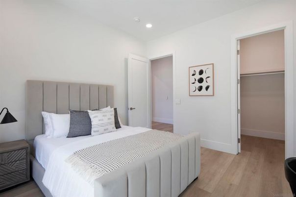 Bedroom, Interior, Recessed Lighting, Wood Texture Flooring