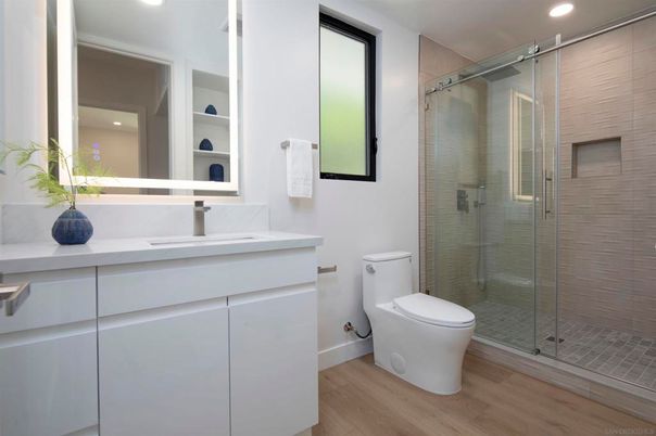 Bathroom, Glass Shower, Interior, Recessed Lighting, Wood Texture Flooring