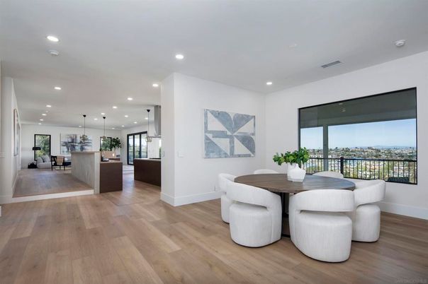 Dining room, Interior, Kitchen, Pendant Lights, Recessed Lighting, Wood Texture Flooring