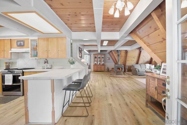 Fireplace, Interior, Kitchen, Living room, Stainless Steel Appliances, Wooden Ceilings, Wood Texture Flooring