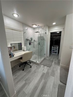 Bathroom, Glass Shower, Home Office, Interior, Marble Walls, Recessed Lighting, Wood Texture Flooring